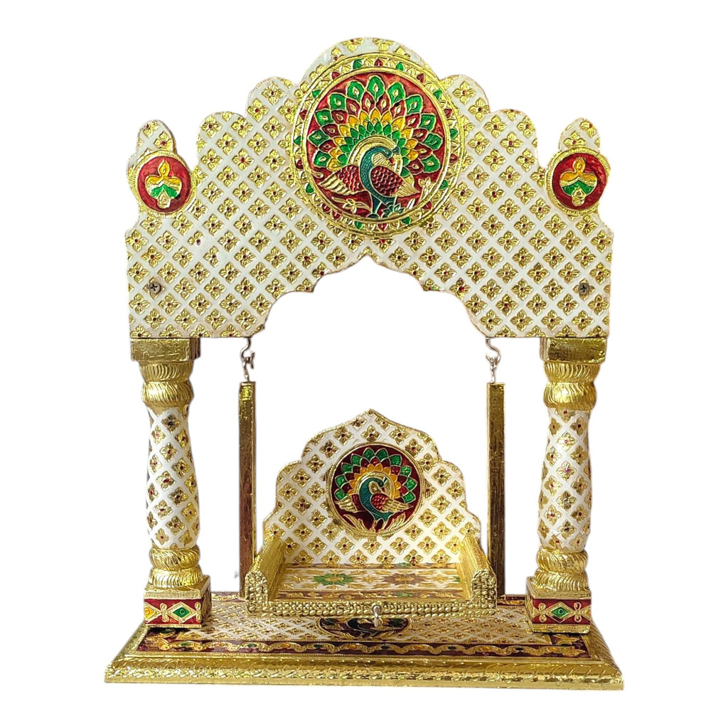 OPPILLA™ Laddu Gopal Jhula, Meenakari Hand Painted Folding Temple Jhoola, Handcrafted Home Temple Decor (White, 16 Inches x 13 Inches)