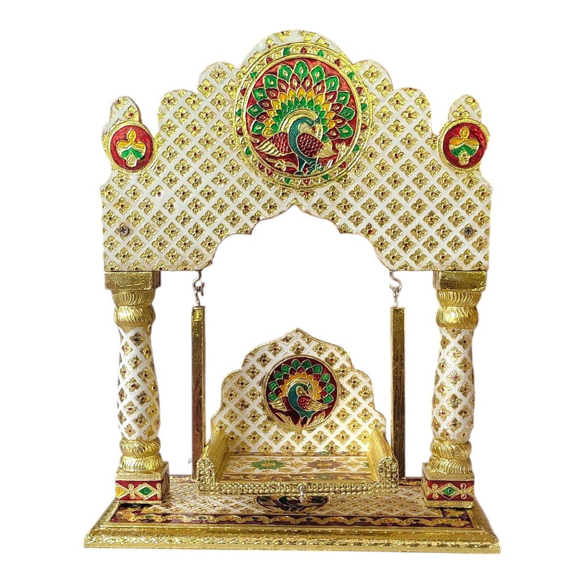 OPPILLA™ Laddu Gopal Jhula, Meenakari Hand Painted Folding Temple Jhoola, Handcrafted Home Temple Decor (White, 16 Inches x 13 Inches)