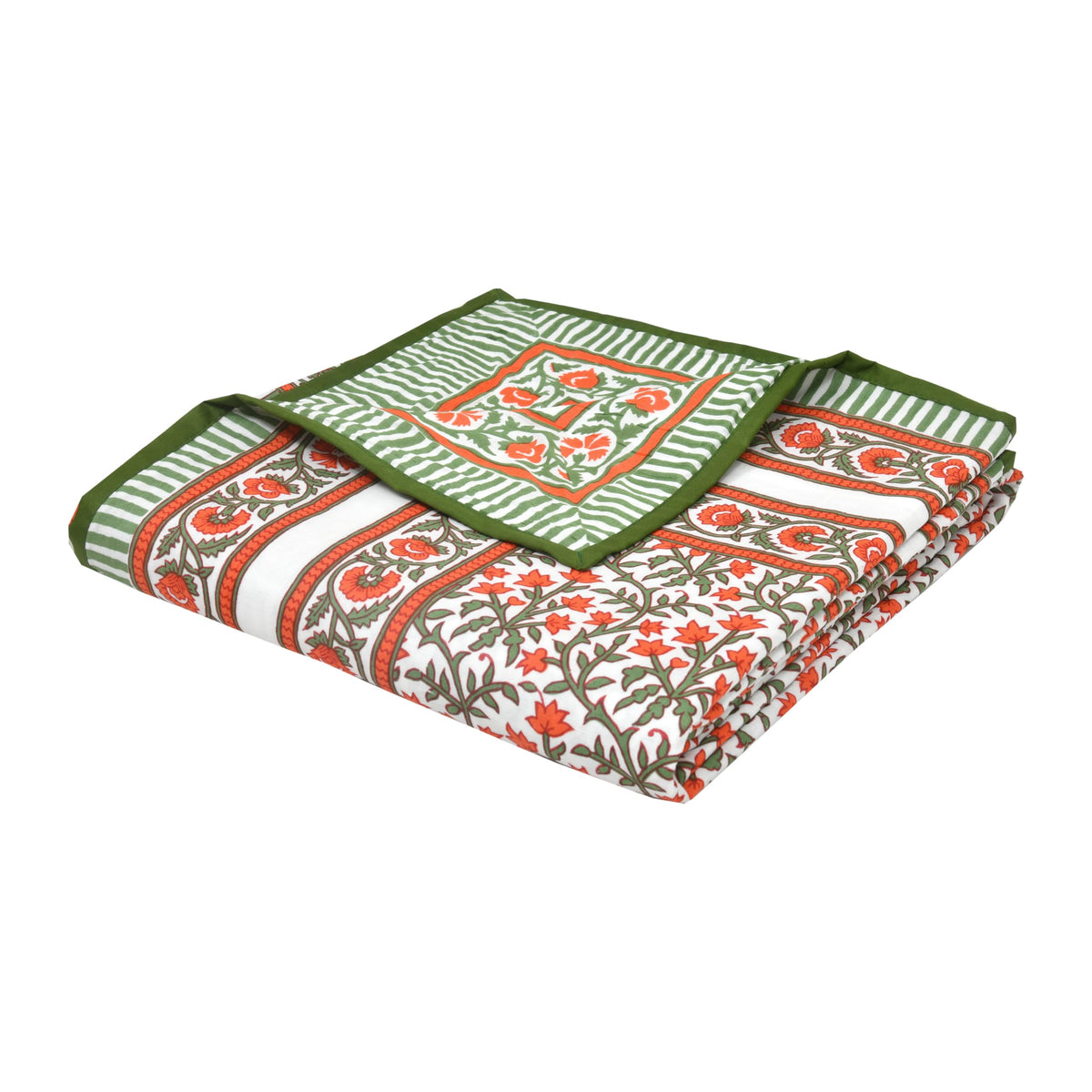 BLOCKS OF INDIA Hand Block Printed Cotton Single Size Reversible Malma Dohar for Summer (Red Green Jaal, 200 Tc) Kafalo