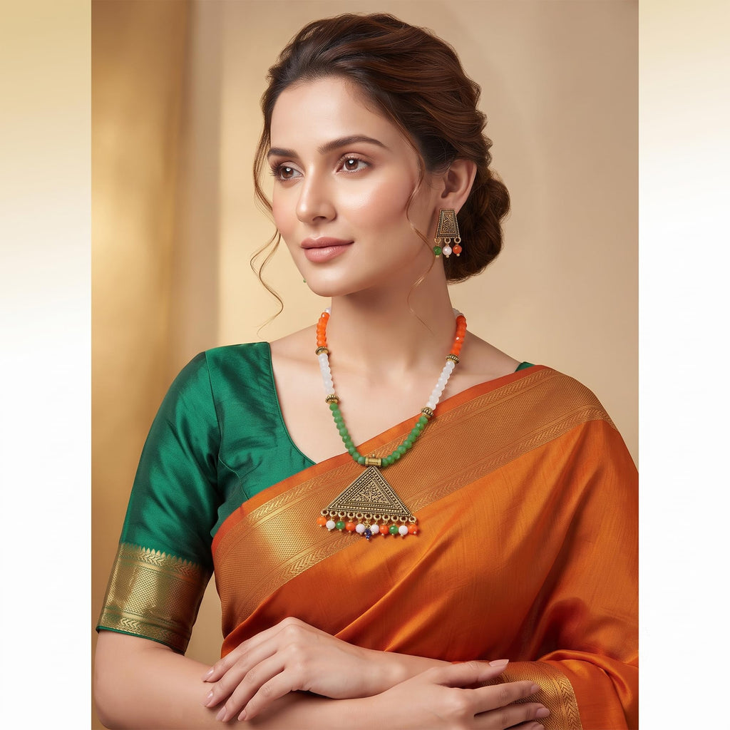 JFL - Jewellery for Less Elegant Tricolour Handmade Pendant Necklace Set for Women & Girls | Antique Gold Triangle Pendant with Matching Earrings | Independence Day & Republic Day Jewellery