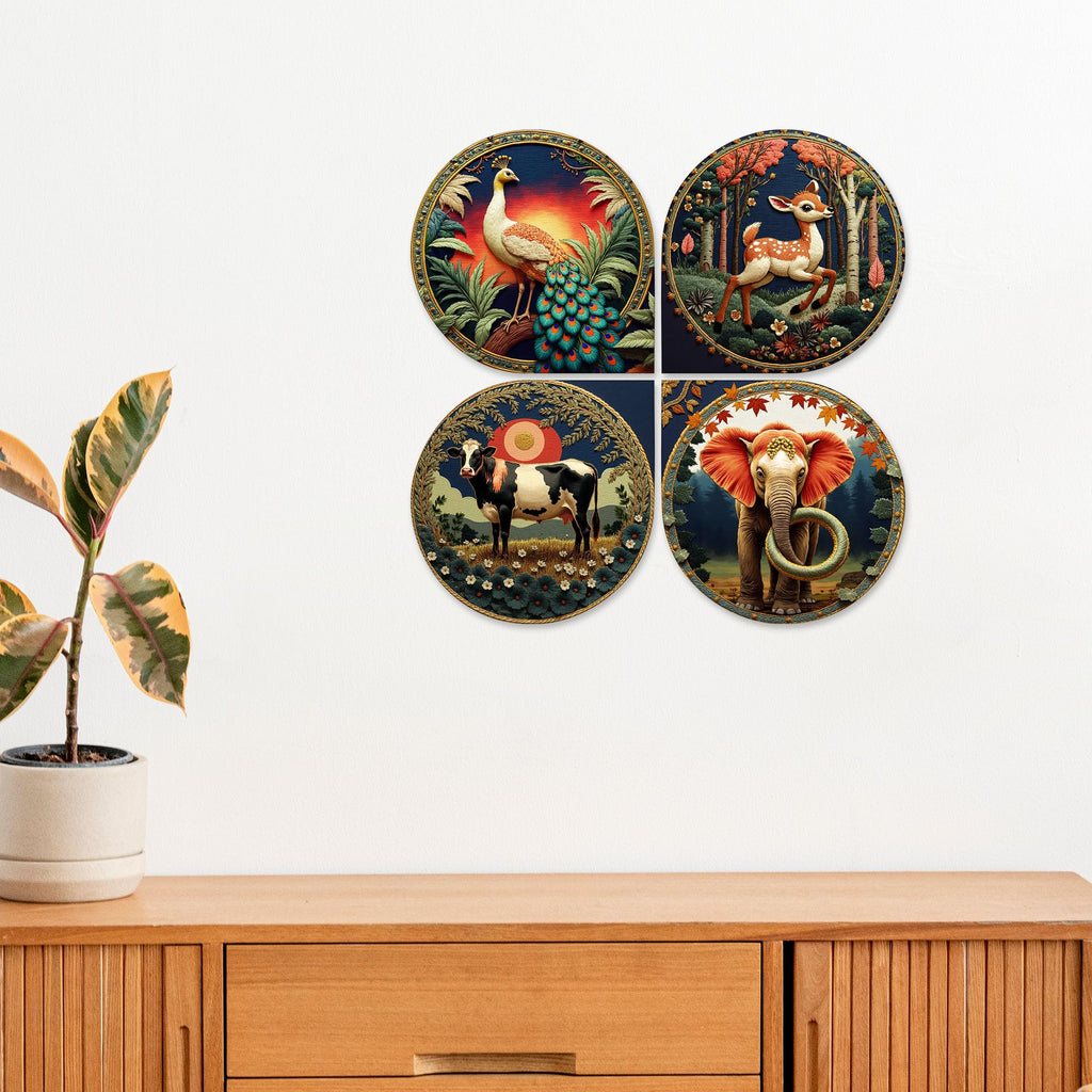 Artvibes Animals in Forest Modern Art Decorative MDF Wooden Wall Art for Home | Living Room | Office | Wall Art Painting For Hall | Graphic Artwork | Wall Poster | Gift Items (WH_8422N), Set of 4