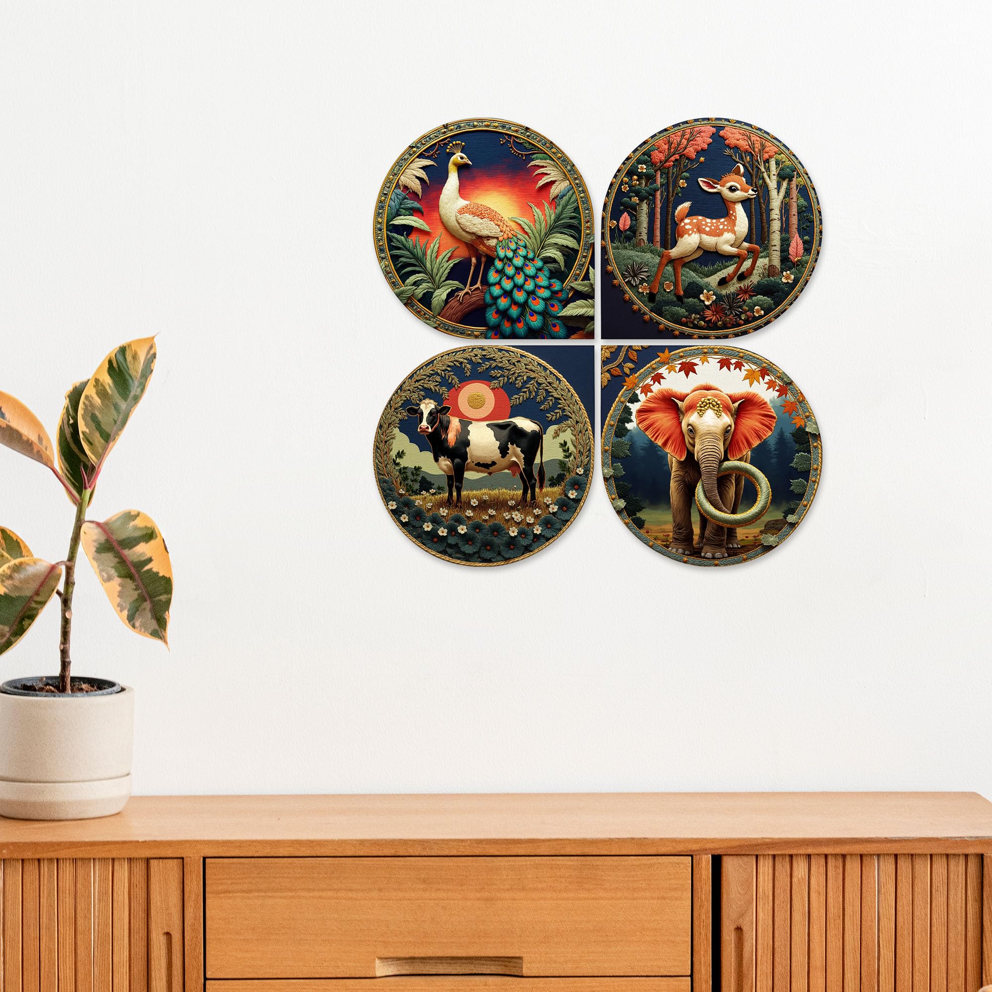 Artvibes Animals in Forest Modern Art Decorative MDF Wooden Wall Art for Home | Living Room | Office | Wall Art Painting For Hall | Graphic Artwork | Wall Poster | Gift Items (WH_8422N), Set of 4