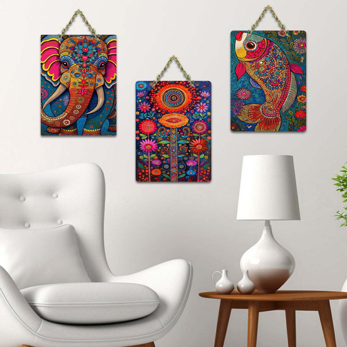 Artvibes Artistic Elephant & Fish Designer Modern Art Wooden Art Decoration Item for Home | Art For Wall | Wall Sculpture | Signs & Plaques | Aesthetic Wooden Decor | Ideal Gifts (WH_9623N), Set of 3