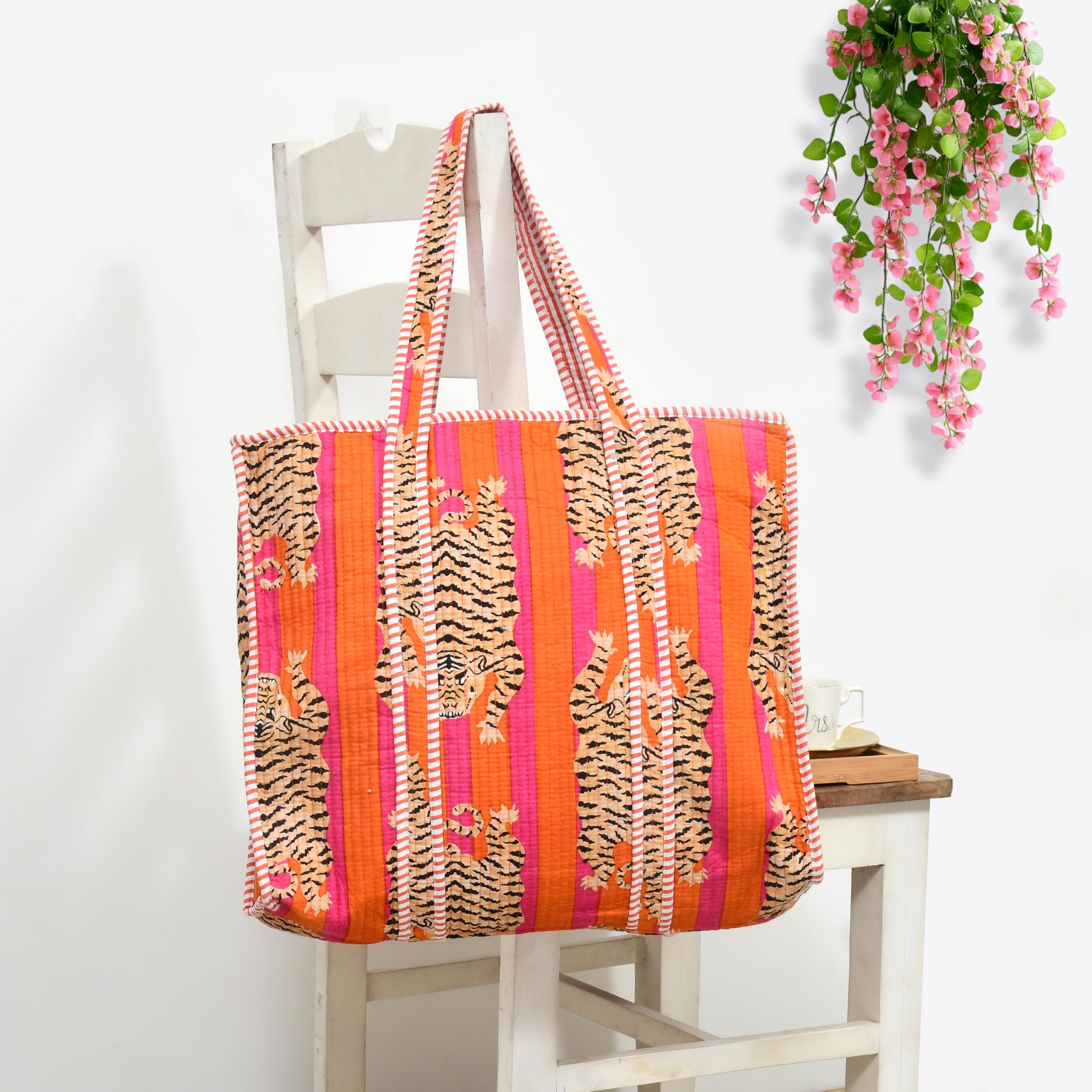 MITTICO Quilted Cotton Tote Bag for Women – Handmade Large Shoulder Handbag with Zipper & Multiple Pockets | Lightweight Travel Tote for Office, Shopping & Daily Use | Orange Tiger Print
