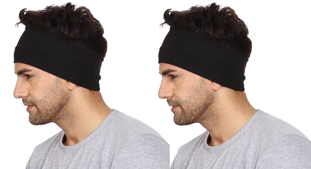 Gajraj Wide, Moisture Wicking and Non-Slip Exercise Workout Cotton Headband for Men and Women (Pack of 2) (Black-Black)
