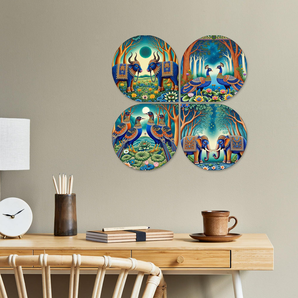 Artvibes Traditional Animal Wooden Wall Hanger for Home Decor | Living Room | Office | Cafe | Painting Wall Decor | Aesthetic Wooden Decor | Handcrafted Art | Ideal Gifts (WH_8456N), Set of 4