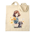 Metsi Canvas Tote Bag - Zipper Pocket With Girl and Puppy Print for Women 13x15 Inch, Eco-Friendly Multi-Purpose Cotton Tote Bag for Shopping, School, Beach, Groceries DIY Painting Gift Use - Design 3