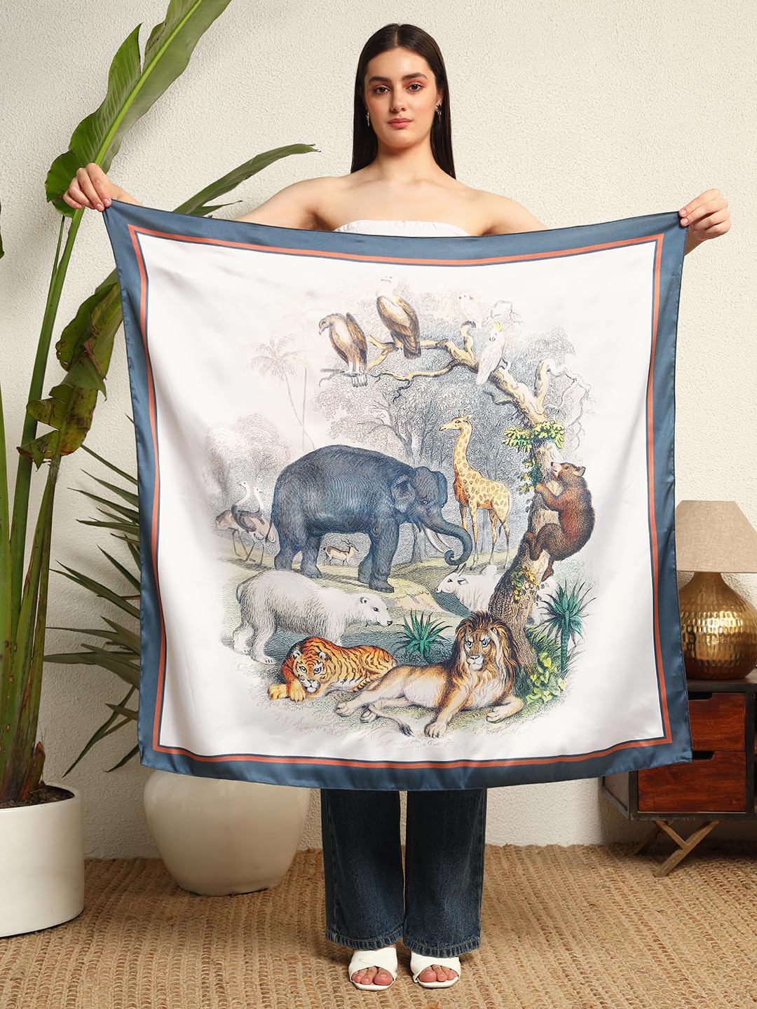Ravaiyaa - Attitude is everything Women's Crepe Silk Digital Print Large Square Scarf Breathable Lightweight Neckerchief Printed Headscarf 40 x 40 Inch (White Wildlife)