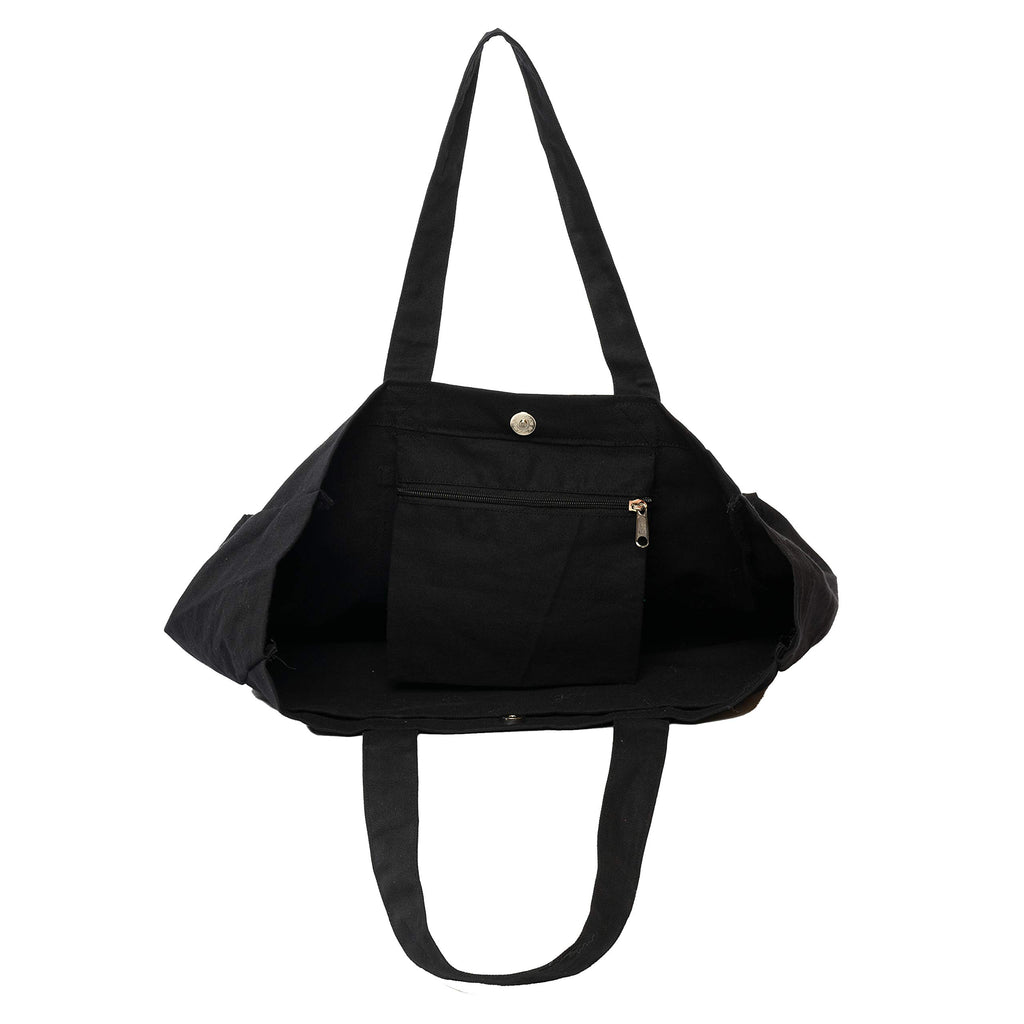 AQVA Cotton Canvas Tote Bag for Women & Girls | Shoulder Bag with Magnetic Button Closure & Solid Colour | Multipurpose Shopping, Travel, Beach, Office Bag | Good Gift Choice for Women (Black)