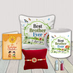 AWANI TRENDS Rakhi Gift Set for Brother Raksha Bandhan Gift Hamper Printed Cushion Pillow (12 * 12 Inch) Ceramic Mug Rakhi Greeting Card Roli Birthday Gifts for Brother (Best bro)