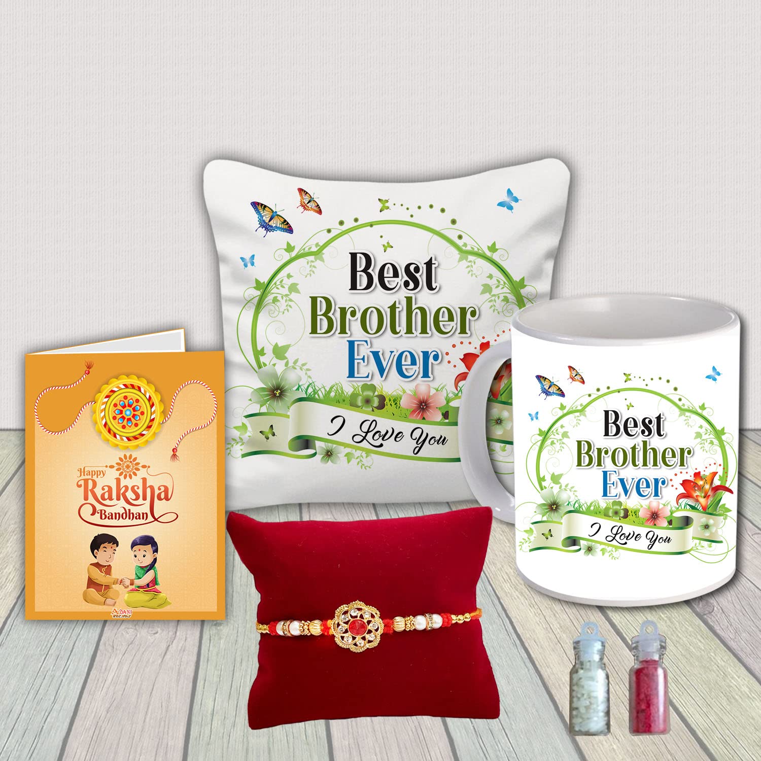 AWANI TRENDS Rakhi Gift Set for Brother Raksha Bandhan Gift Hamper Printed Cushion Pillow (12 * 12 Inch) Ceramic Mug Rakhi Greeting Card Roli Birthday Gifts for Brother (Best bro)