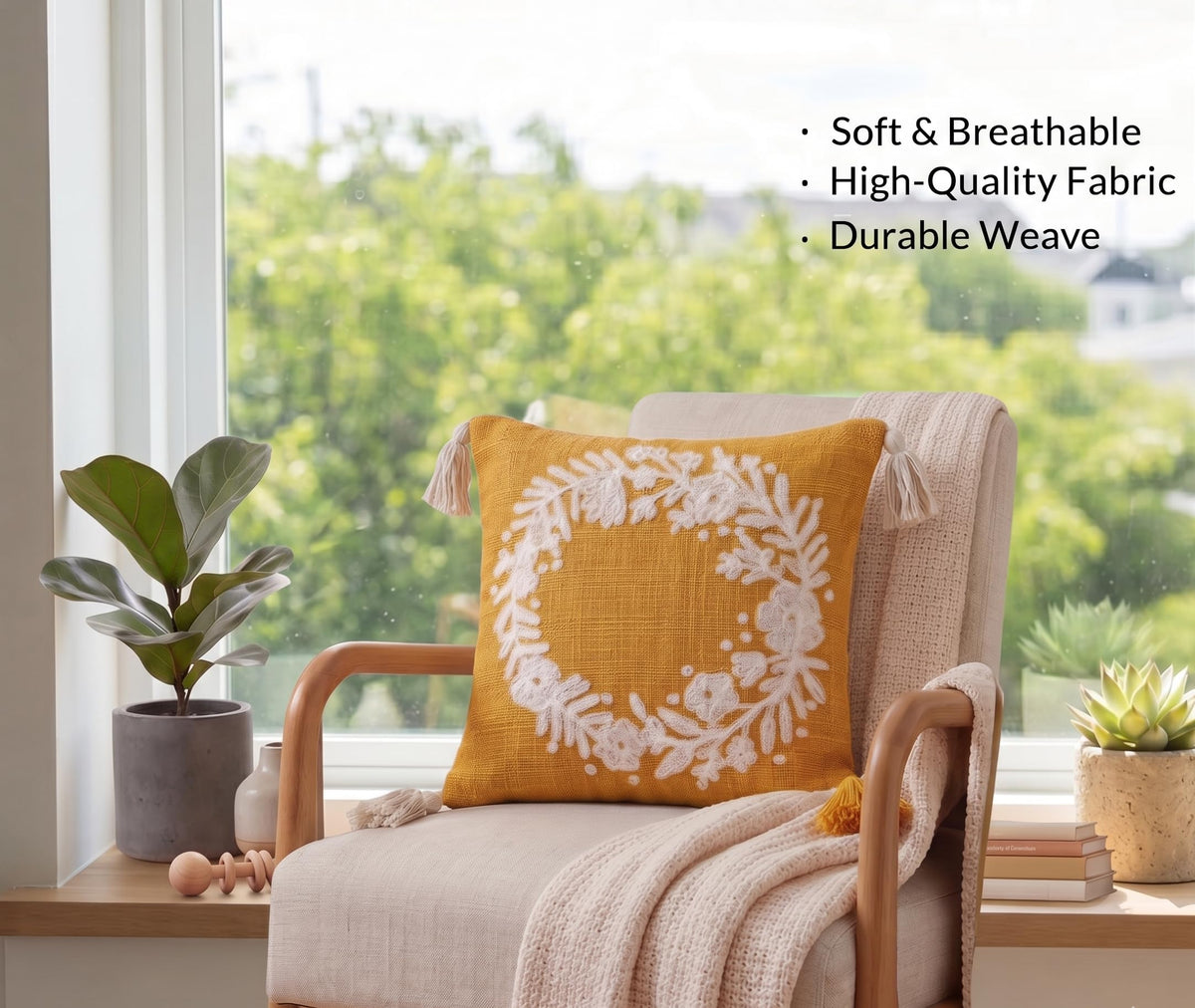 Furnistitchs Handmade Tufted Boho Cushion Covers 12x12 Inches | Embroidered Sofa Pillow Cases | Rustic Bohemian Decorative Throw Cushions for Couch Bedroom Living Room (2, Yellow Garland)