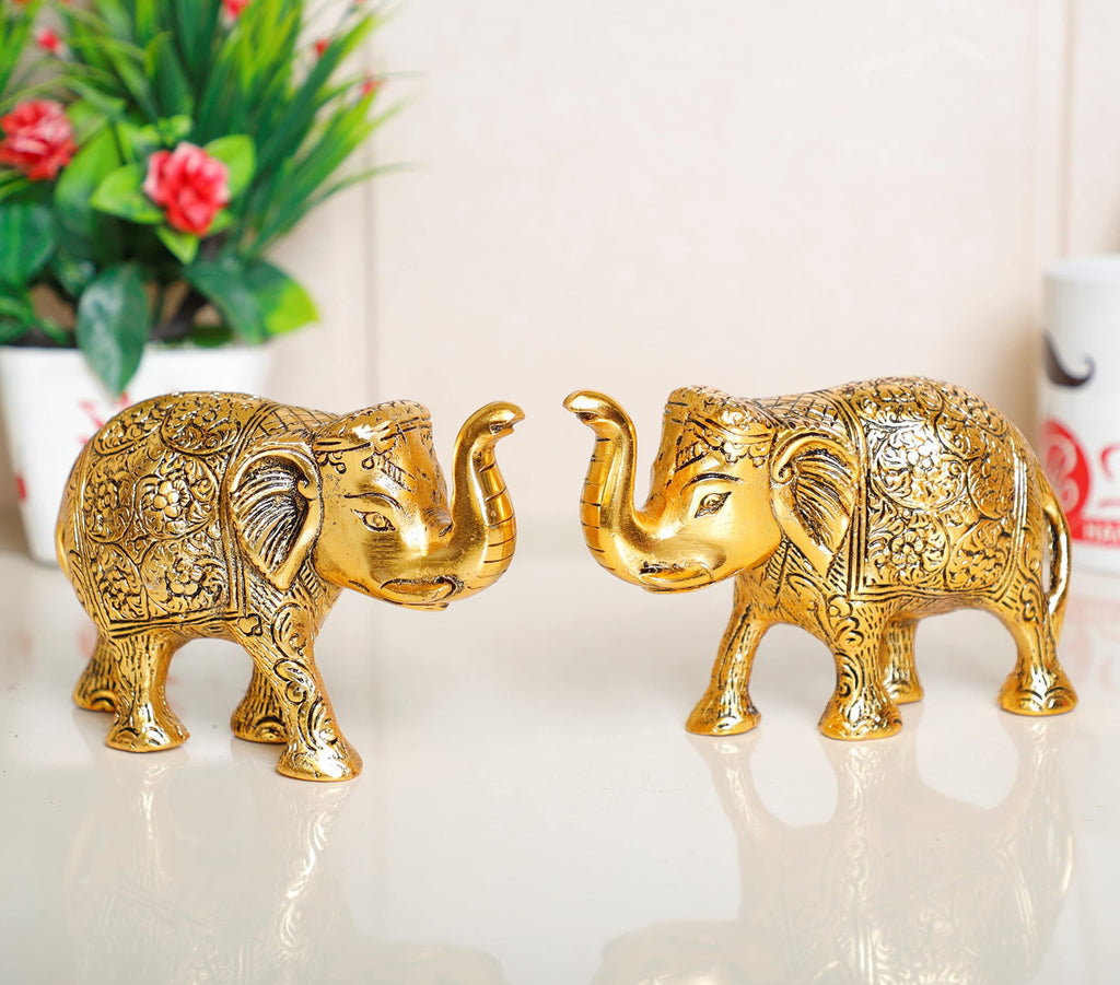 KridayKraft Metal Elephant Statue Medium Size Gold Polish 2 pcs Set for Showpiece Your Home,Office Table & Gift Article,Animal Decorative Showpiece Figurines..., Animal