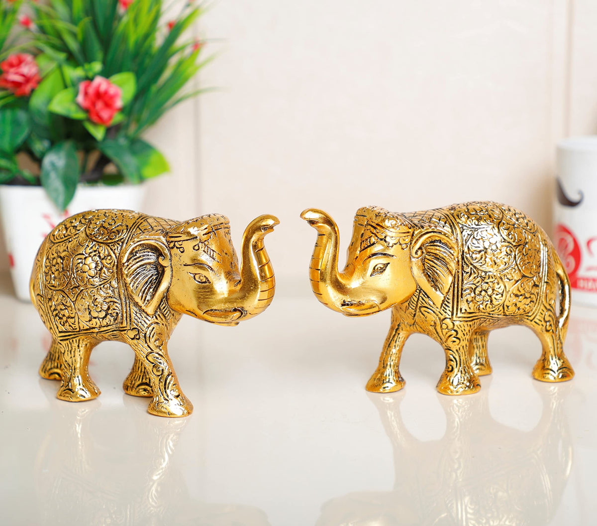 KridayKraft Metal Elephant Statue Medium Size Gold Polish 2 pcs Set for Showpiece Your Home,Office Table & Gift Article,Animal Decorative Showpiece Figurines..., Animal