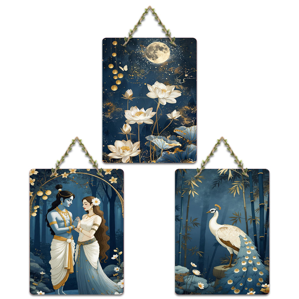 Artvibes Divine Radha Krishna With Lotus And Peacock Wall Art Wall And Door Hanging for Home | Spiritual Decor Items | Wall Poster | Artwork | Painting | Gift Items (WH_9629N), Set of 3