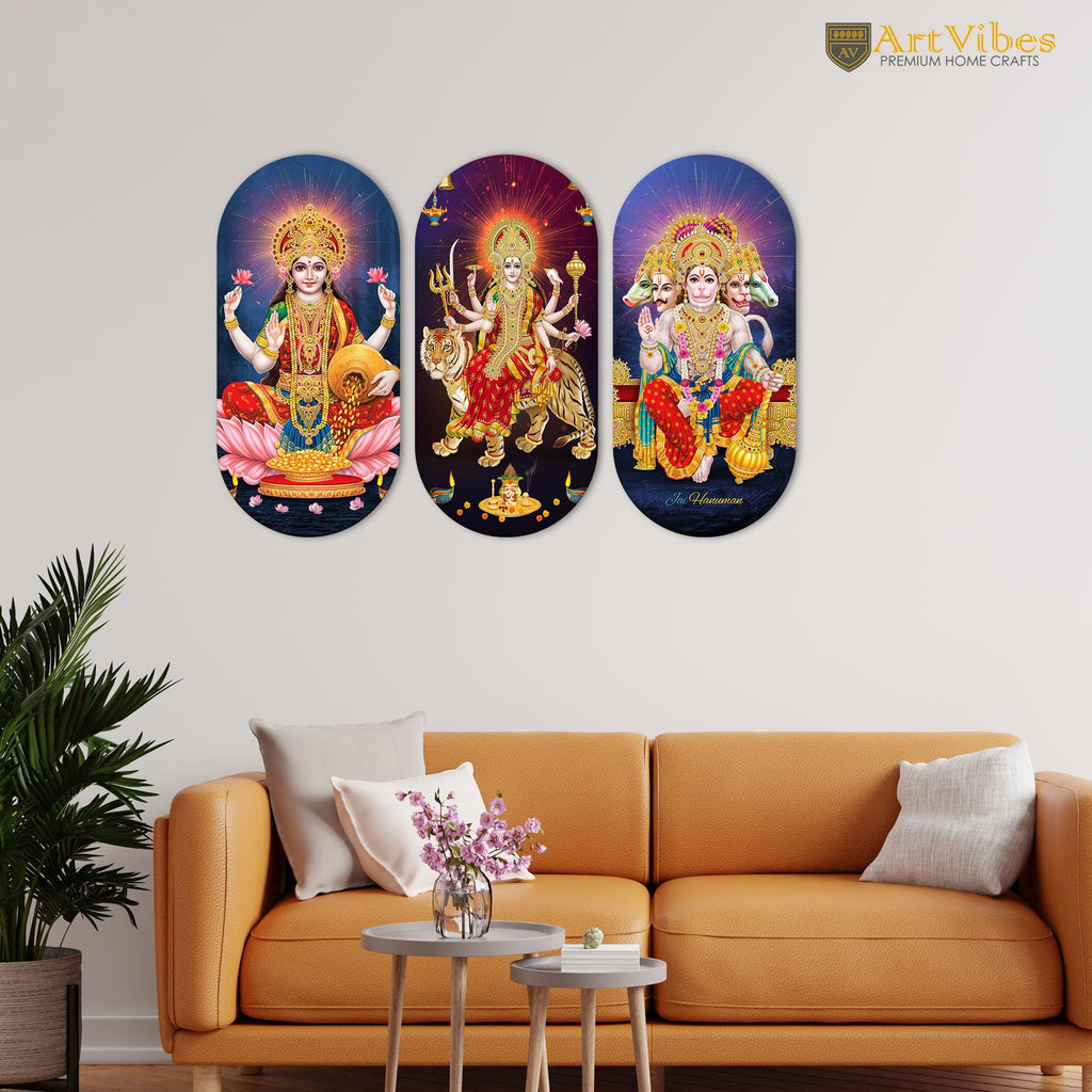 Artvibes Hindu Gods Designer Wooden Wall Hanging Decoration Items for Home | Spiritual Decor Items | Wall Painting | Wall Illustrations| Stylish Modern Decor Item | Gift Items (WH_9020N), Set of 3