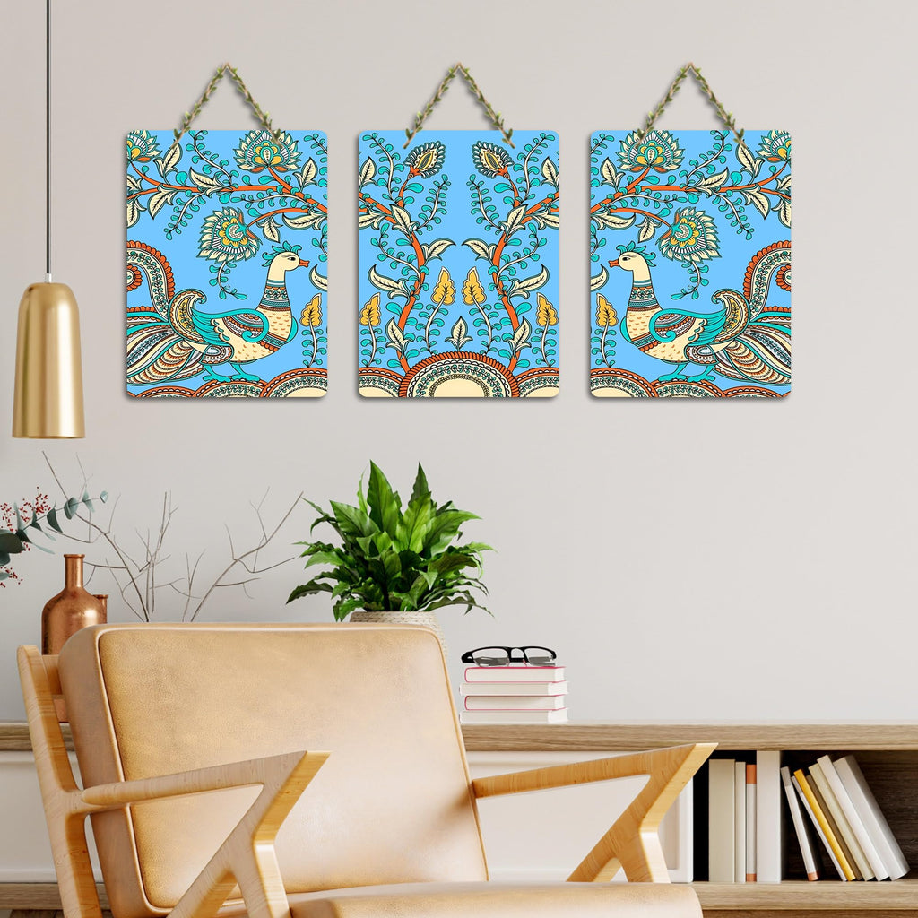 Artvibes Kalamkari Art Wooden Wall Hanger for Home Decor | Living Room | Wall Art Paintings | Wall Illustrations | Wall Accents | Door Hanging Art Items | Gift Items (WH_96160N), Set of 3