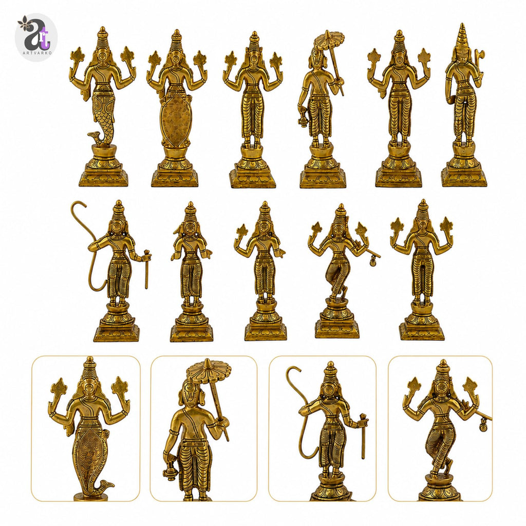 ARTVARKO Brass Dashavatara Dasavatharam of Lord Vishnu Statues Ten Incarnations Avatars Idol Murti (Gold Color 6.4 Inch.10 pcs)