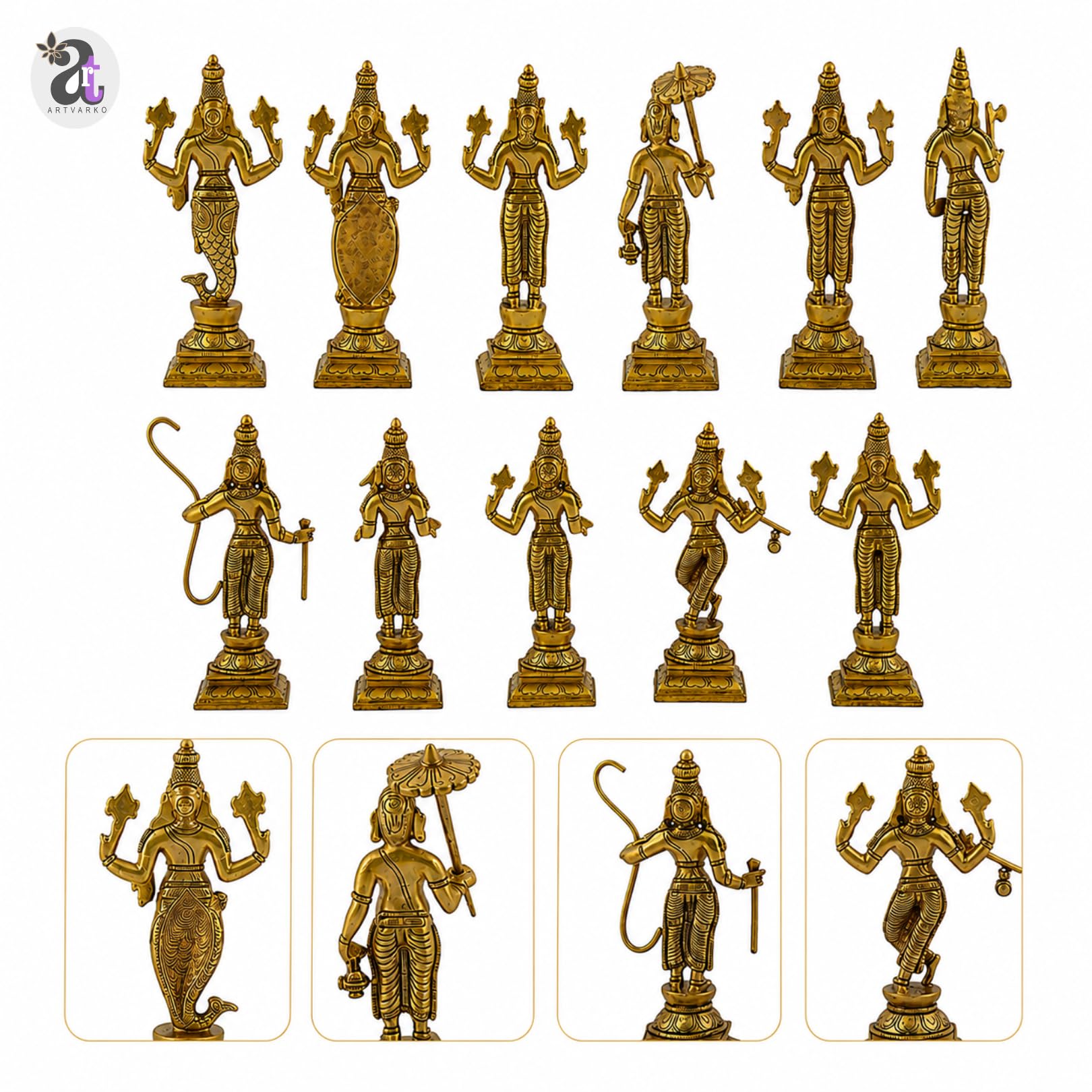 ARTVARKO Brass Dashavatara Dasavatharam of Lord Vishnu Statues Ten Incarnations Avatars Idol Murti (Gold Color 6.4 Inch.10 pcs)