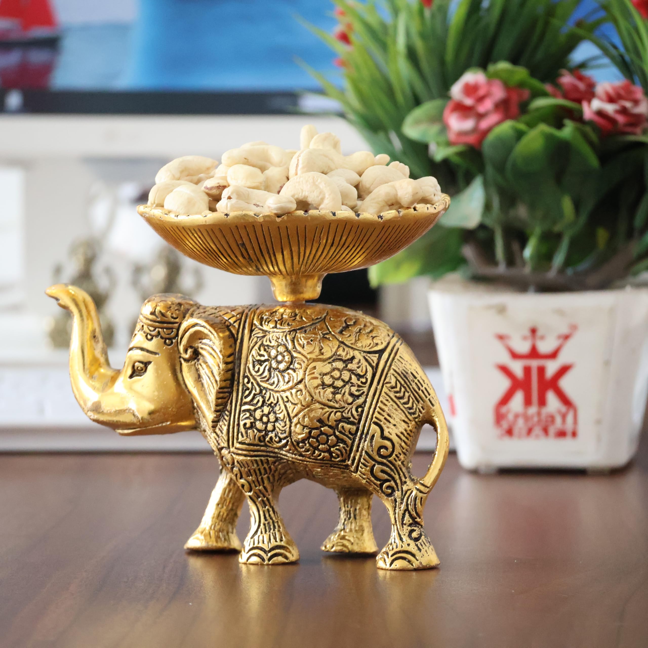 KridayKraft Metal Elephant Dry Fruit Bowl Showpiece Gold Polish for Your Home,Office Table Decorative,Elephant Showpiece Bowl for Gift,Animal Figurines