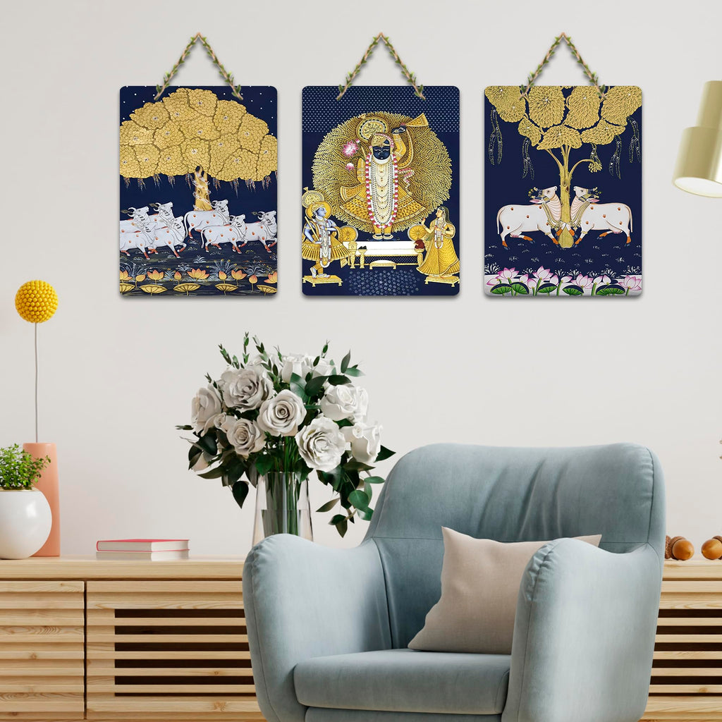 Artvibes Shrinath Ji & Cow Pichwai Art Decorative MDF Wooden Wall Art for Home | Spiritual Decor Items | Religious Wall Art | Wall Poster | Ethnic Wall Decor | Gift Items (WH_96140N), Set of 3