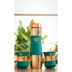INDIAN ART VILLA Copper Drinkware in Green Silk Finish, Set of 2 Glass and 1 Bottle, Volume - Glass 300 ML, Bottle 1000 ML
