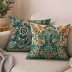 STITCHNEST Ethnic Satin Cushion Covers Twin Peacock with Floral Pattern, 16x16 Inch, Pack of 2 for Traditional Home Decor, Sofa Styling & Gifting