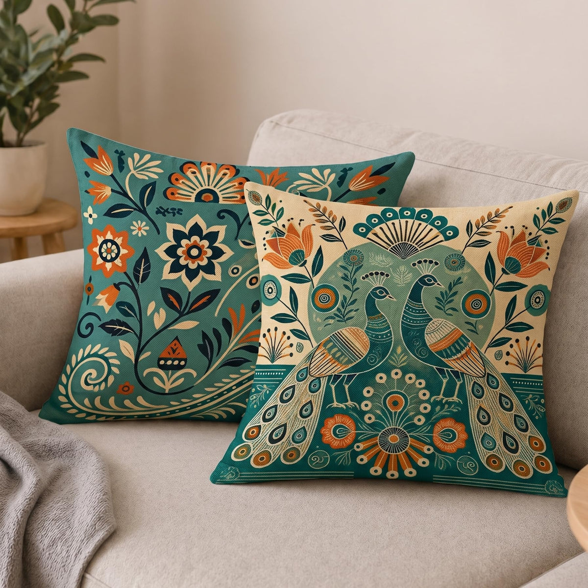 STITCHNEST Ethnic Satin Cushion Covers Twin Peacock with Floral Pattern, 16x16 Inch, Pack of 2 for Traditional Home Decor, Sofa Styling & Gifting