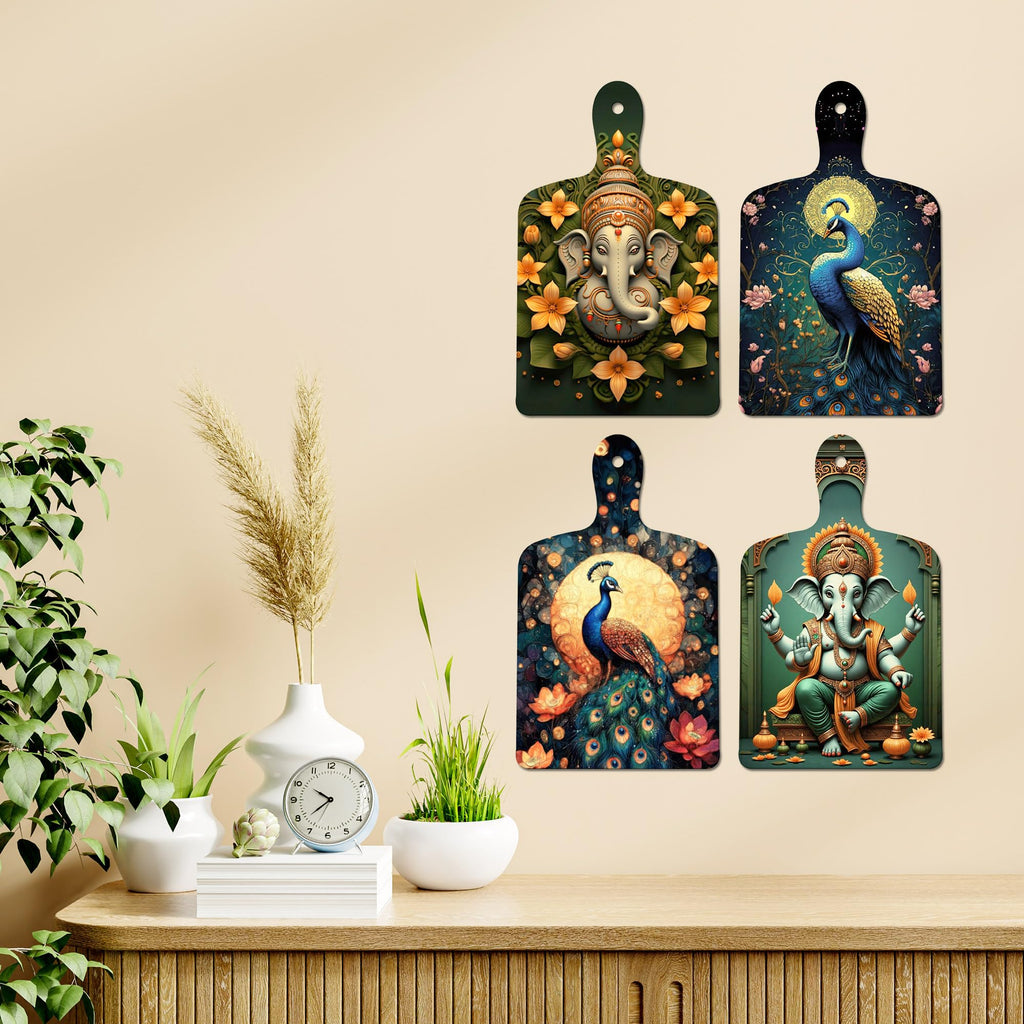 Artvibes Lord Ganeshji & Peacock Divine Modern Art Auspicious Wooden Art Work Wall Hanging | Spiritual Decor Items | Wall Illustrations| Stylish Modern Decor Item | Ideal Gifts (WH_5637N), Set of 4
