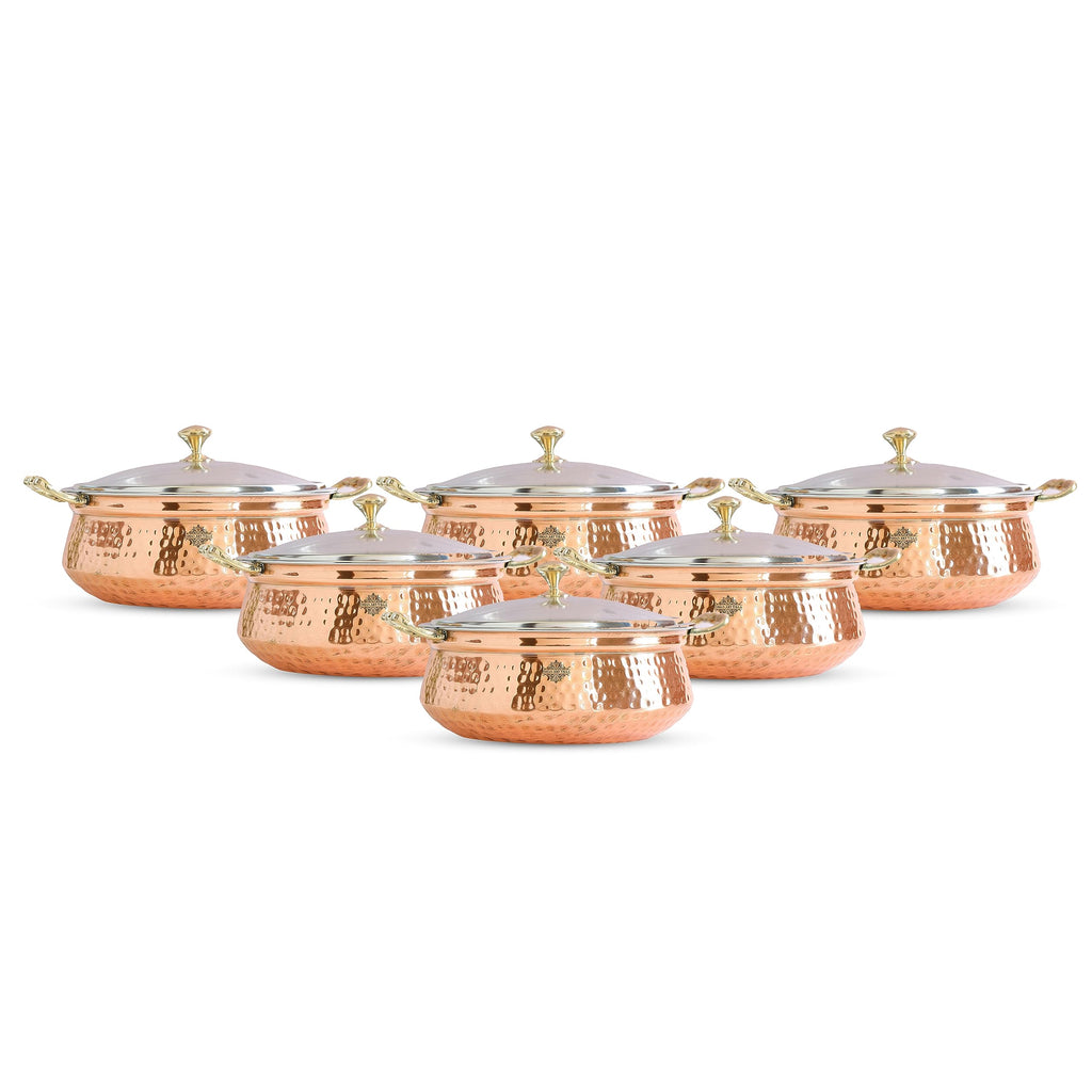 Indian Art Villa Steel Copper Hammered Design Handi/Bowl/Casserole with Toughened Glass Lid & Brass Knob & Handles, Volume-400 ml, Pack of 6