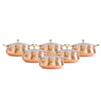 Indian Art Villa Steel Copper Hammered Design Handi/Bowl/Casserole with Toughened Glass Lid & Brass Knob & Handles, Volume-400 ml, Pack of 6