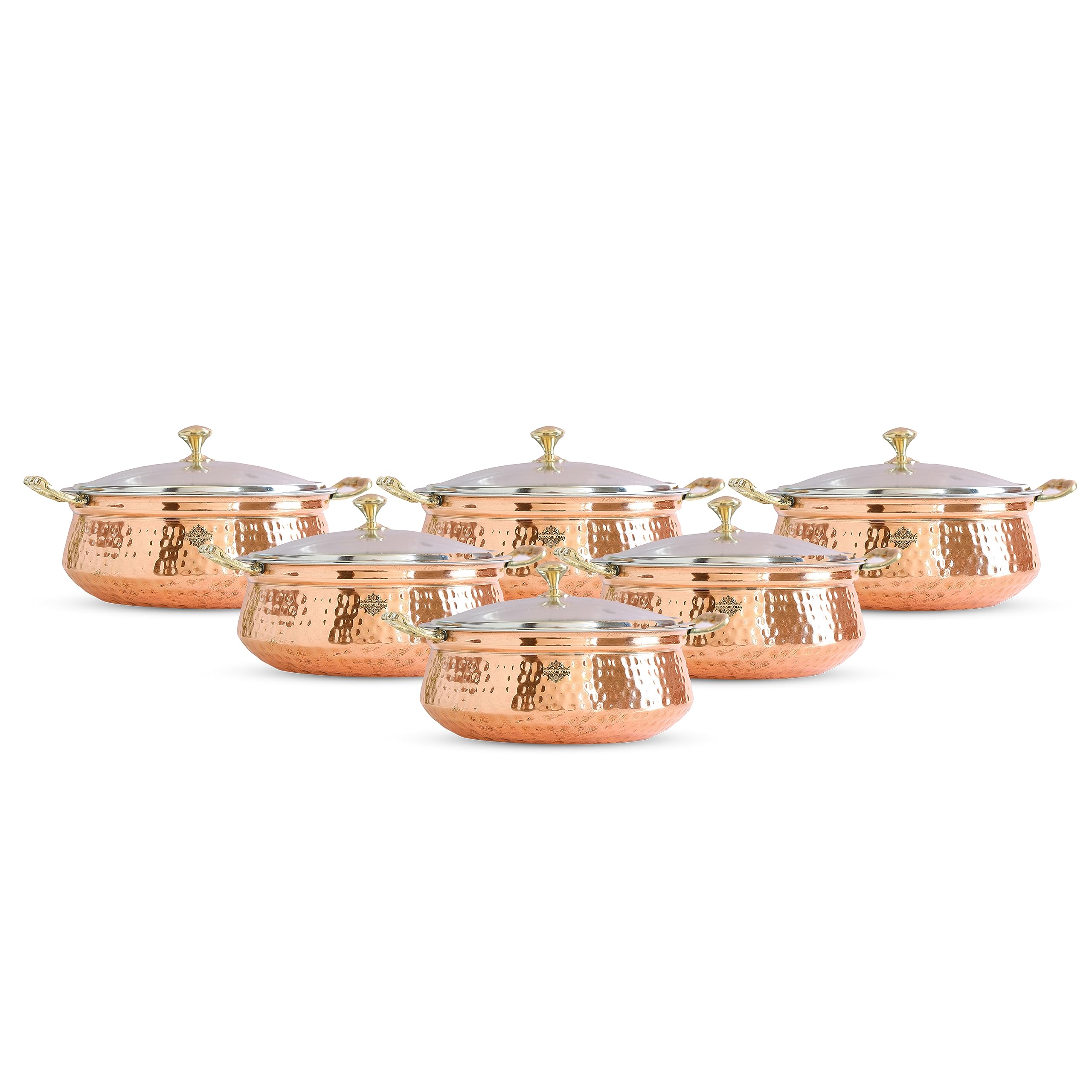 Indian Art Villa Steel Copper Hammered Design Handi/Bowl/Casserole with Toughened Glass Lid & Brass Knob & Handles, Volume-400 ml, Pack of 6