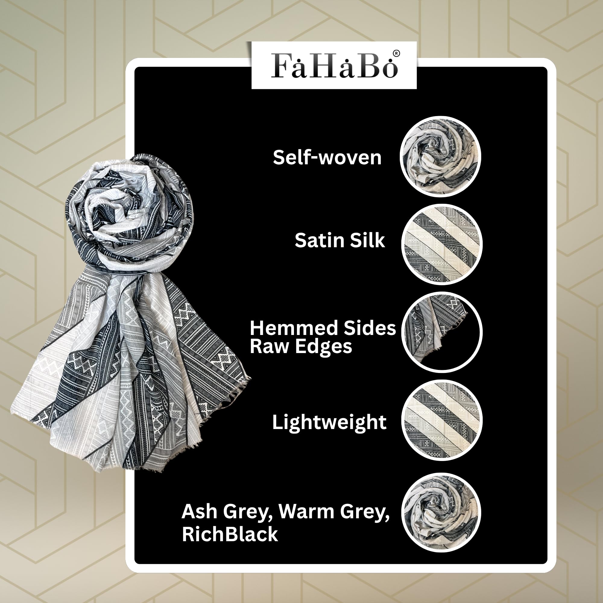 FAHABO Digital Print Mal Mal Cotton Scarf for Women – Soft, Lightweight Hijab, Head & Neck Wrap | Stylish Fashion Scarf (Ash Grey, Warm Grey, Rich Black)