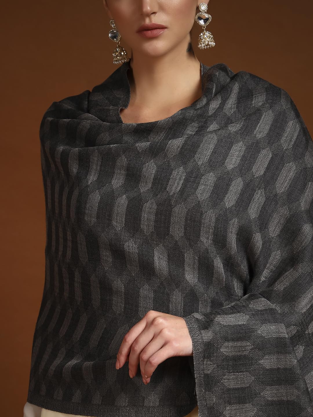 Pashmoda Women 100% Pure Wool Ikat Checkered Stole, Scarf, Wrap, Sustainable and Natural Fabric, Luxury Heritage Pashmina Gift, Evening Stole (Size 28x80 Inches, Dark Grey 2) CHST04