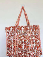 Vaishnav Exports Off-White & Rust Block Print Quilted Cotton Tote Bag for Women | Traditional Floral Shoulder Bag | Eco-Friendly, Reusable Carryall for Grocery, Travel & Daily Use