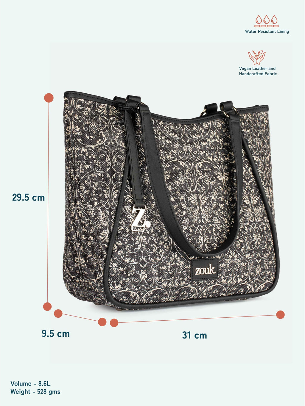 ZOUK Naisha Black Lace Tote Bag for Women | Vegan Leather Large Shoulder Handbag with Bottle Holder, Multiple Pockets & Water-Resistant Lining | Office, Travel & Daily Use | Lattice Lace