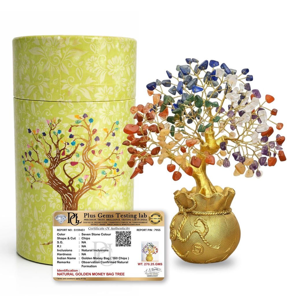 JD FRESH Feng Shui 7 Chakra Crystal Tree with Golden Money Bag Base/Natural Gemstone Decorative Showpiece Bonsai Tree for Home & Office Décor, Good Luck Diwali Gift, Wealth & Prosperity