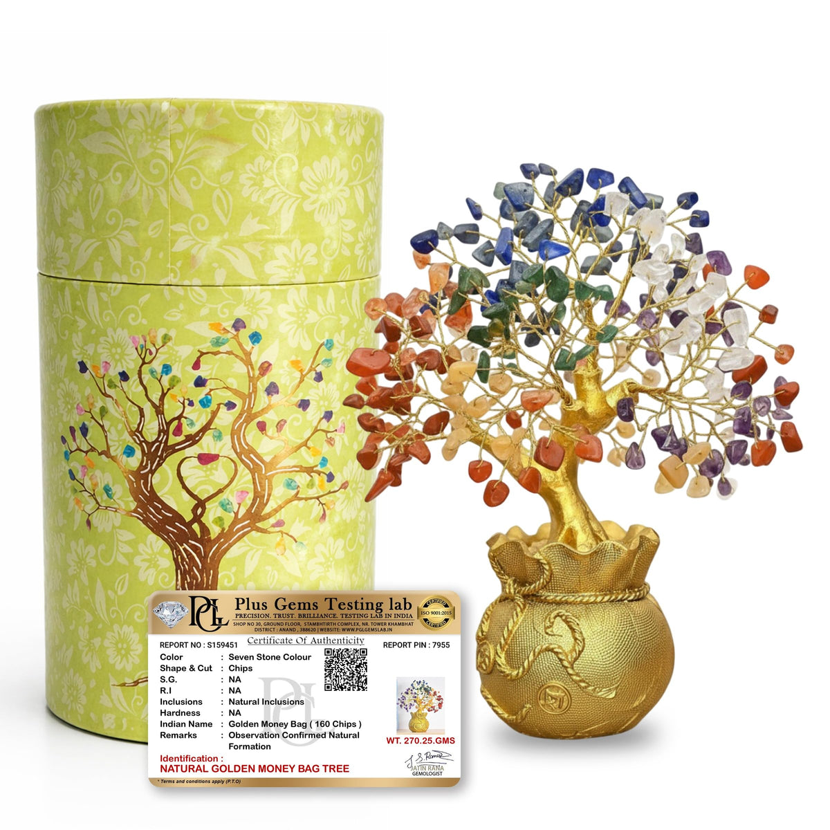 JD FRESH Feng Shui 7 Chakra Crystal Tree with Golden Money Bag Base/Natural Gemstone Decorative Showpiece Bonsai Tree for Home & Office Décor, Good Luck Diwali Gift, Wealth & Prosperity