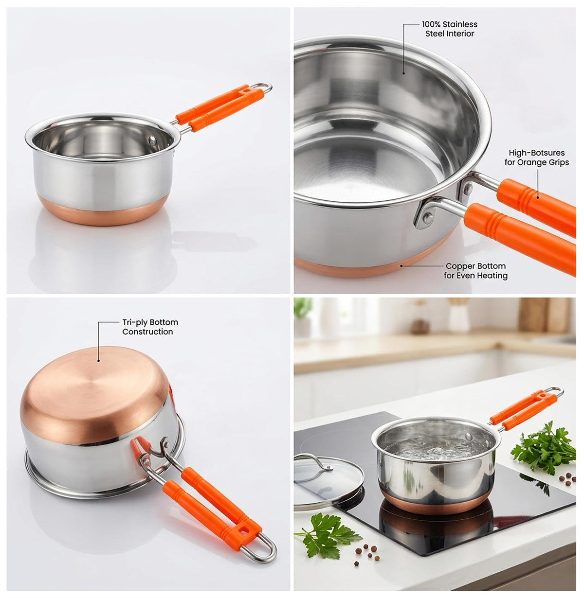 Stainless Steel 2500 ml Sauce Pan with Gas Stove Friendly Heavy Guage Copper Bottom Base Tea Pot, Tapeli, Patila & Milk Boiler with Heat-Resistant Bacelite Wire Handle