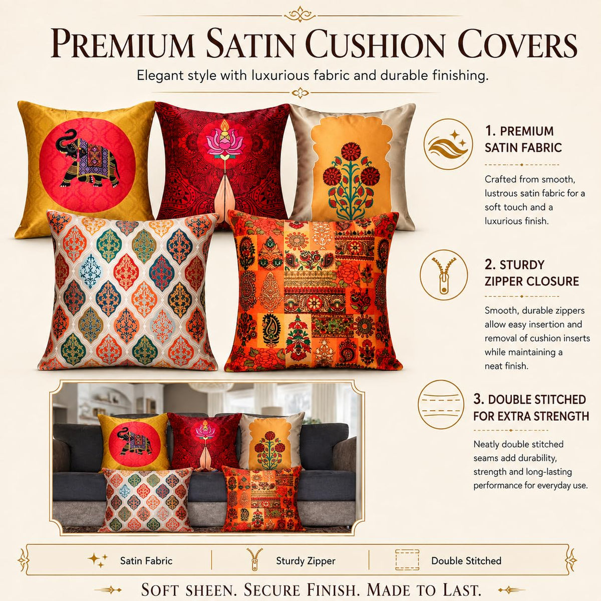Vendola Decorative Satin Sofa Cushion Covers Set of 5, 24 Inch x 24 Inch, Sofa Pillow Cover, Ethnic Festive, Red, Yellow, Beige, Namaskar Welcome, Zipper Closure (Namaskar, 24X24 Inches)