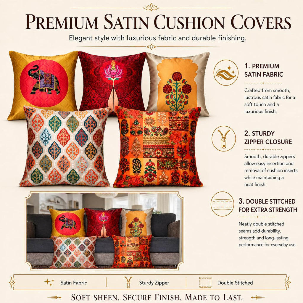 Vendola Decorative Satin Sofa Cushion Covers Set of 5, 18 inch x 18 inch, Sofa Pillow Cover, Ethnic Festive, Red, Yellow, Beige, Namaskar Welcome, Zipper Closure (Namaskar, 18X18 Inches)