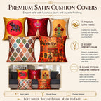 Vendola Decorative Satin Sofa Cushion Covers Set of 5, 12 inch x 12 inch, Sofa Pillow Cover, Ethnic Festive, Red, Yellow, Beige, Namaskar Welcome, Zipper Closure (Namaskar, 12X12 Inches)