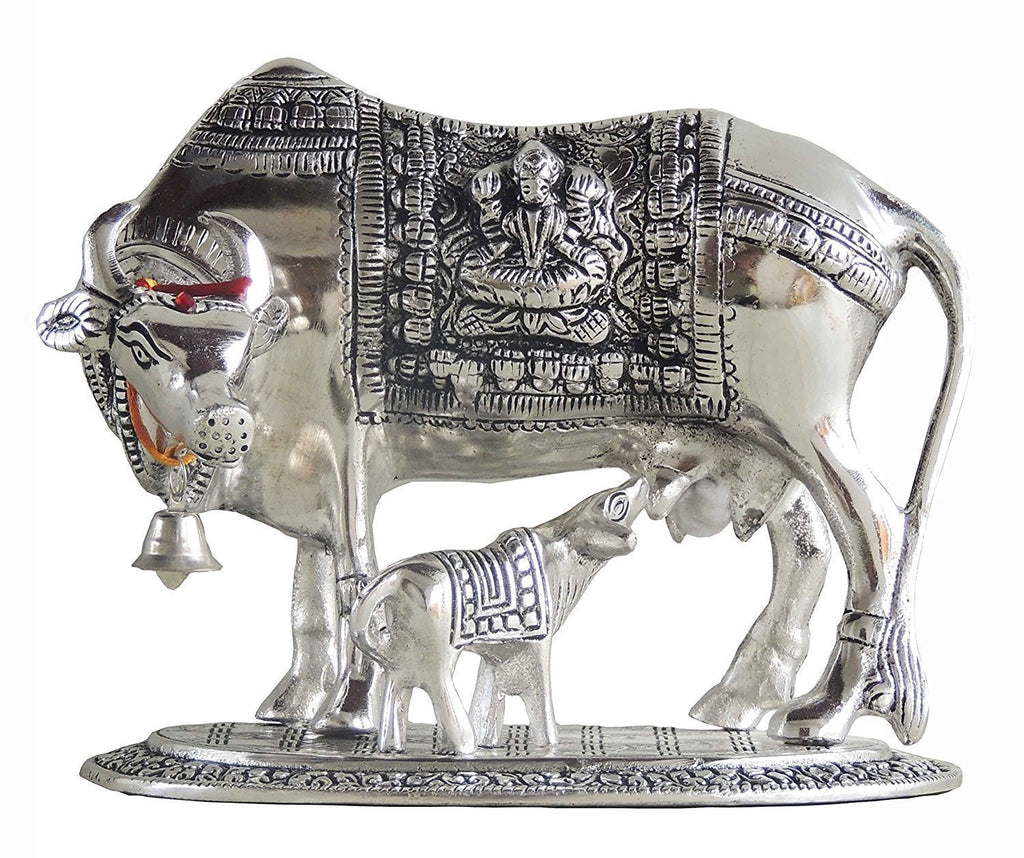 Prince Home Decor & Gifts Metal Kamdhenu Cow with Calf Statue (Silver)