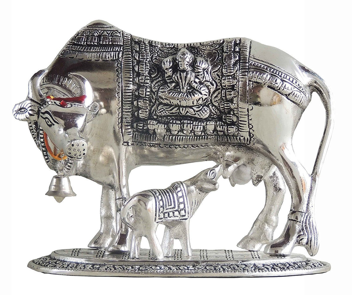 Prince Home Decor & Gifts Metal Kamdhenu Cow with Calf Statue (Silver)