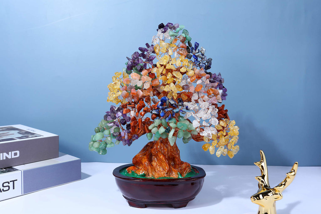 Top Plaza 7 Chakra Healing Crystal Money Tree 10 Inch Stone Bonsai Tree Feng Shui Good Luck Wealth Tree Decor Business Gift for Office Home Living Room