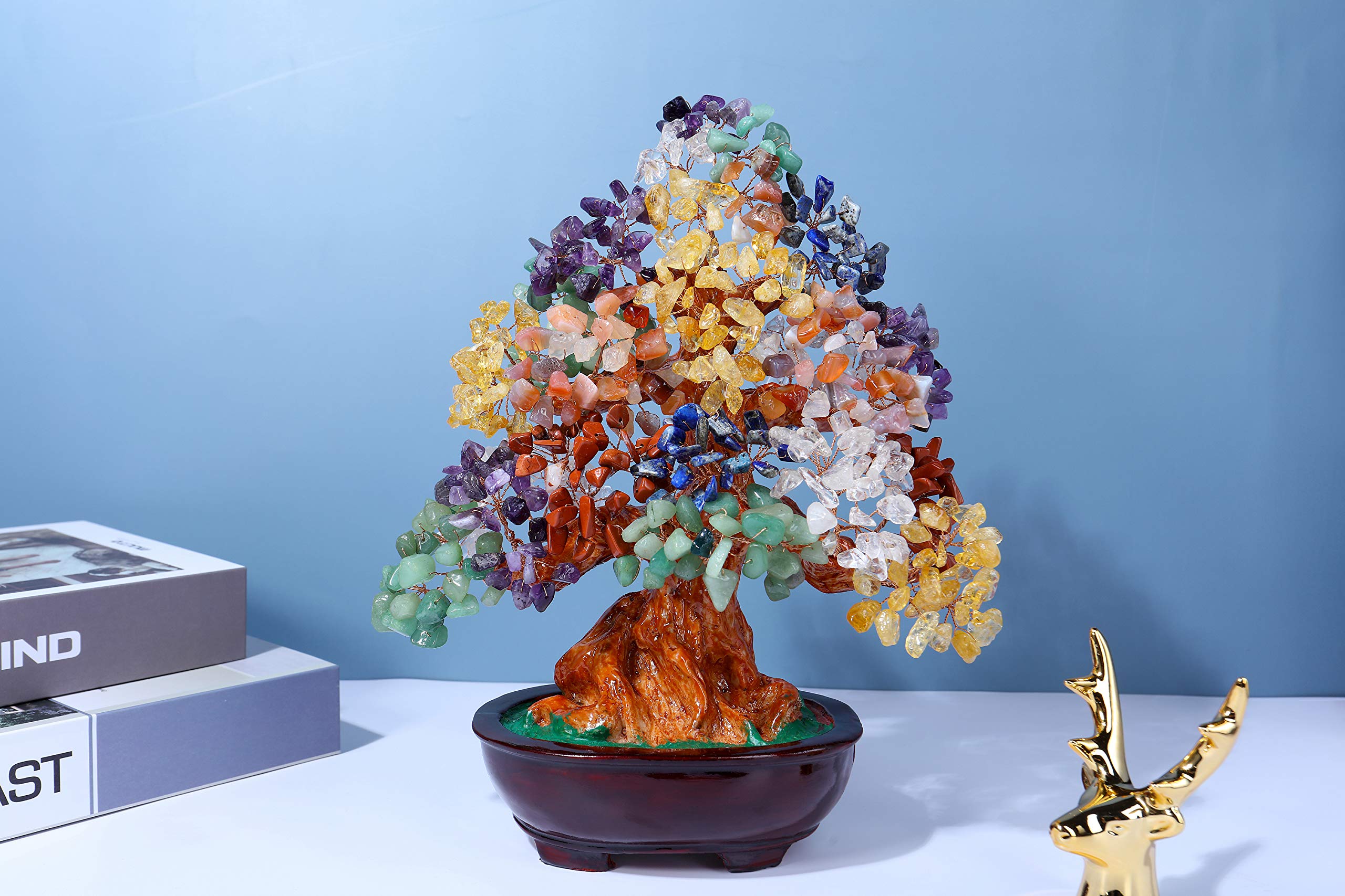 Top Plaza 7 Chakra Healing Crystal Money Tree 10 Inch Stone Bonsai Tree Feng Shui Good Luck Wealth Tree Decor Business Gift for Office Home Living Room