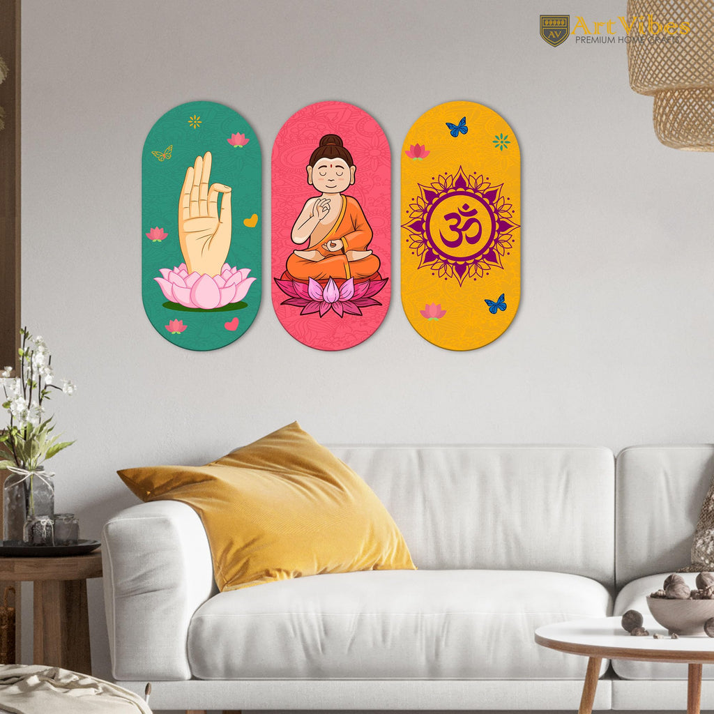 Artvibes Auspicious and Holy Symbols Wooden Wall Hanger for Good Luck | Prosperity Home | Office | Spiritual Decor Items | Wall Poster| Stylish Modern Decor Item | Gift Items (WH_9025N), Set of 3