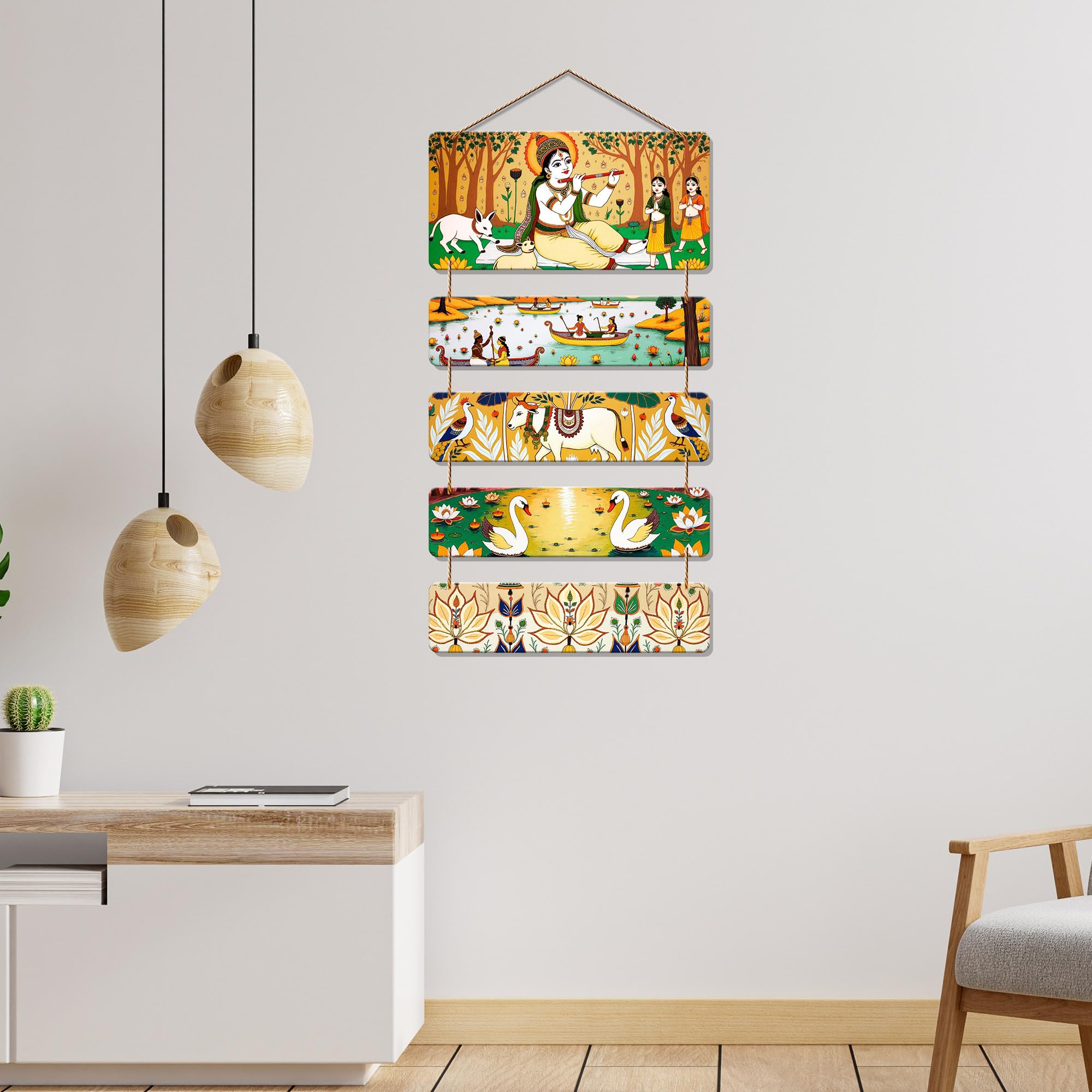 Artvibes Shri Krishna & Village Scene Folk Art Wall And Door Hanging for Home | Spiritual Decor Items | Graphic Art | Wall Illustrations | Artwork| Stylish Modern Decor Item | Gift Items (WH_6732N)