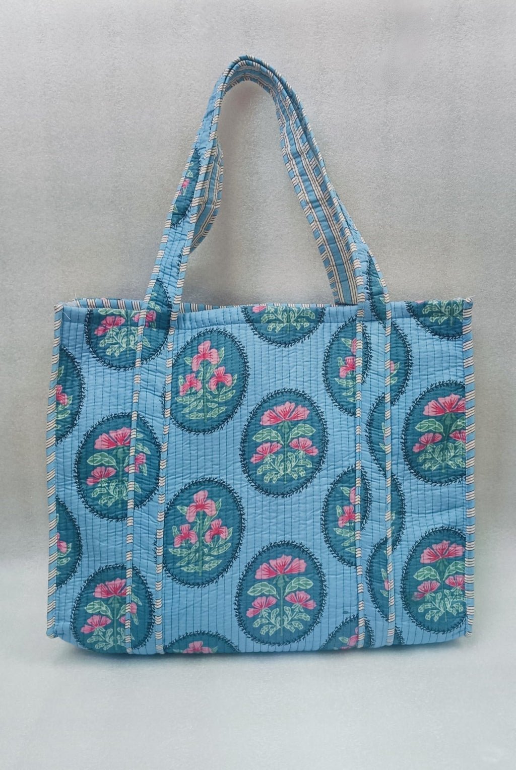 HOUSE OF GULAB Tote Bag for Women Cotton Canvas Tote Bag with Long Handle & Inside Pocket Reusable Shopping Bag Shoulder Carry Bag Eco Friendly Cloth Tote College Office Handbag (Sky Blue & Pink)