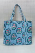HOUSE OF GULAB Tote Bag for Women Cotton Canvas Tote Bag with Long Handle & Inside Pocket Reusable Shopping Bag Shoulder Carry Bag Eco Friendly Cloth Tote College Office Handbag (Sky Blue & Pink)